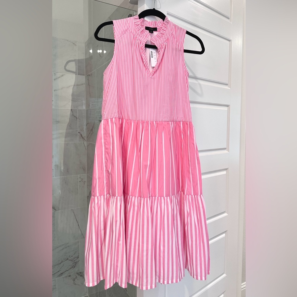 J. Crew Pink White Striped
Sleeveless Tiered Popover Dress NWT Size XS